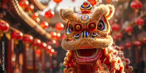 Vibrant Chinese Lion Dance Costume During Spring Festival Parade