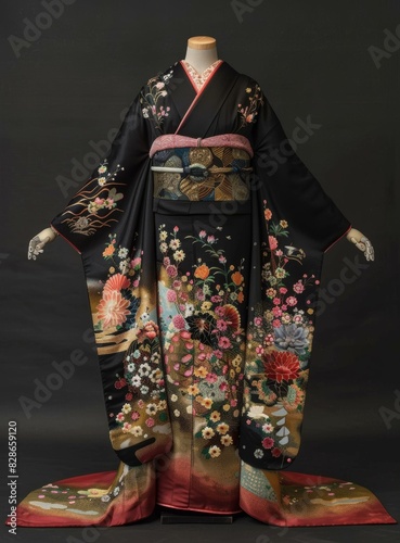A woman wearing a black kimono with colorful floral embroidery.