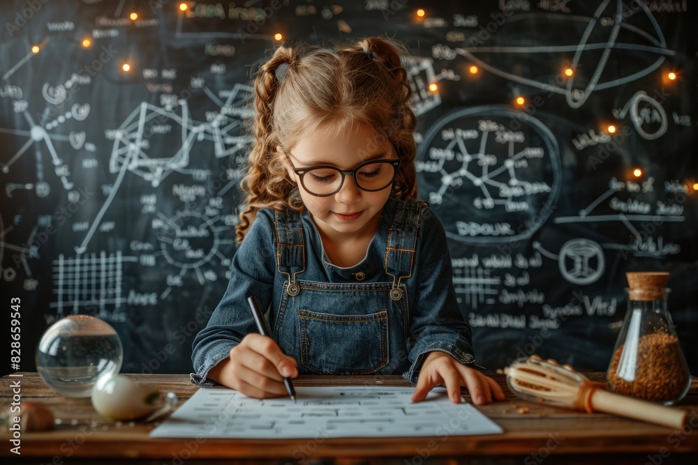Fototapeta premium Young child writing on paper with a pencil