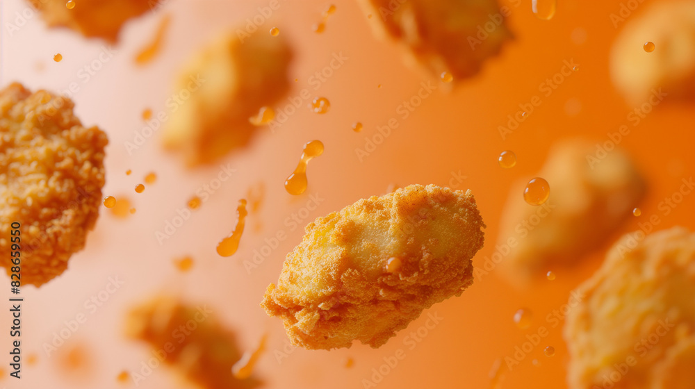 chicken nuggets against soft orange background, chicken nuggets flying through the air against a soft orange background