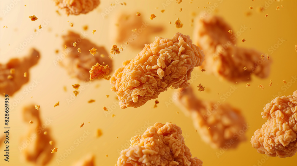 fried chicken against golden yellow background, fried chicken flying through the air against a golden yellow background
