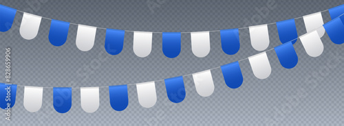 Bunting flags, carnival party flags, white and blue festive pennants hanging on a rope. Festival vector decoration.