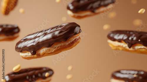 chocolate eclairs against light brown background, chocolate eclairs flying through the air against a light brown background