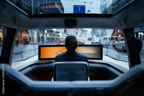 Man working in a modern autonomous vehicle with advanced technology, showcasing urban mobility innovation and a future of self driving cars