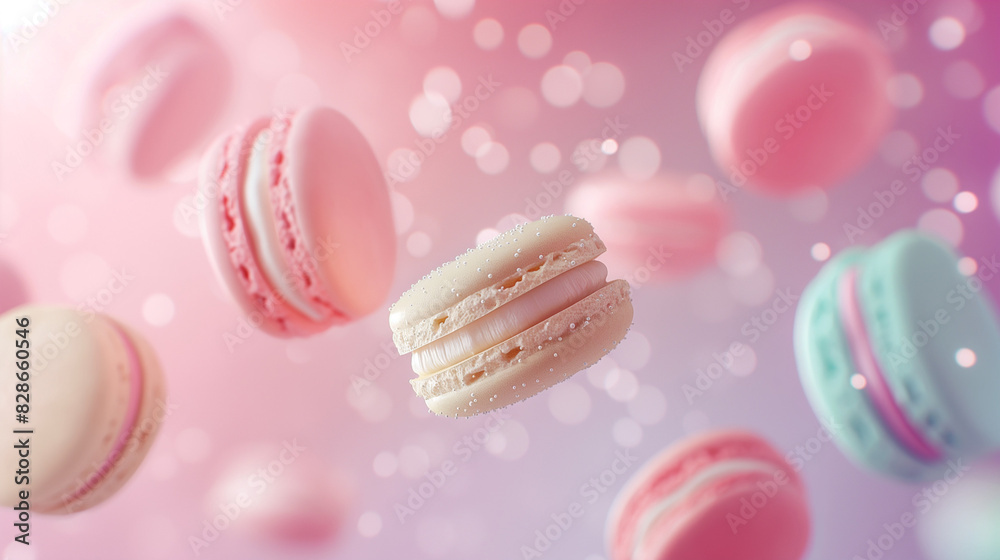 macarons against soft pastel colors background, macarons flying through the air against a soft pastel background macarons against soft pastel colors background, macarons flying through the air against a soft pastel background