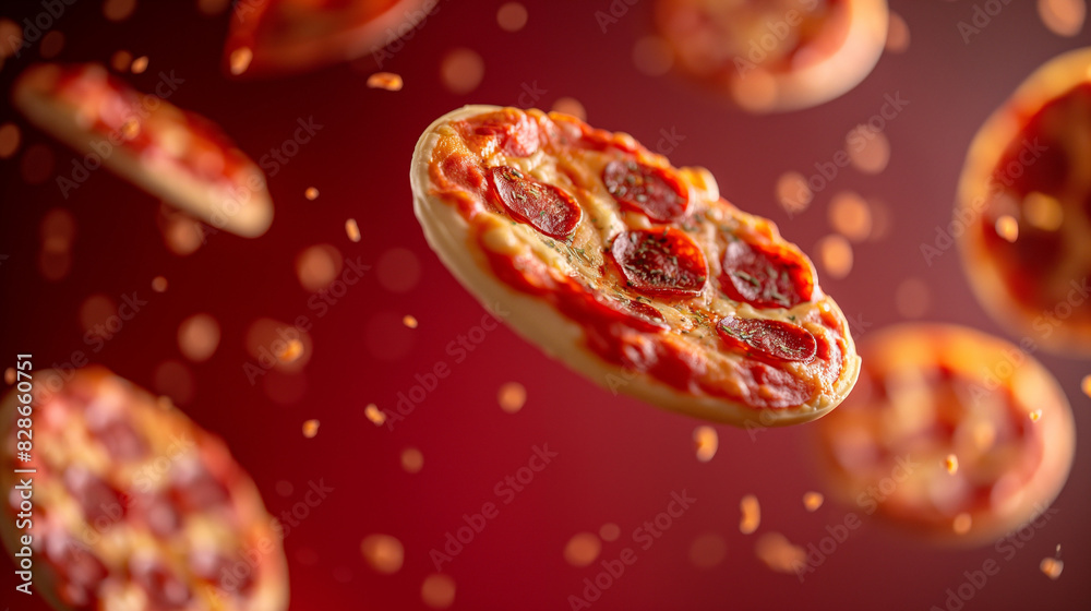 pepperoni pizza against deep red background, pepperoni pizza flying through the air against a deep red background pepperoni pizza against deep red background, pepperoni pizza flying through the air against a deep red background