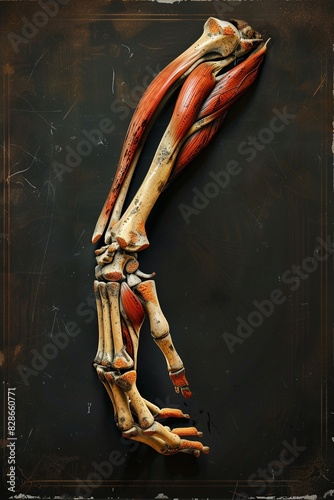 Illustration of the human arm bones with muscle attachments and origin points, Medical, Detailed, Digital Art photo
