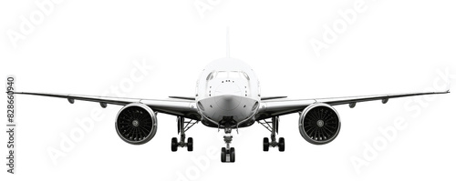 Front view of a commercial airplane in flight, showcasing aerodynamic design and powerful jet engines  isolated on transparent background.. photo