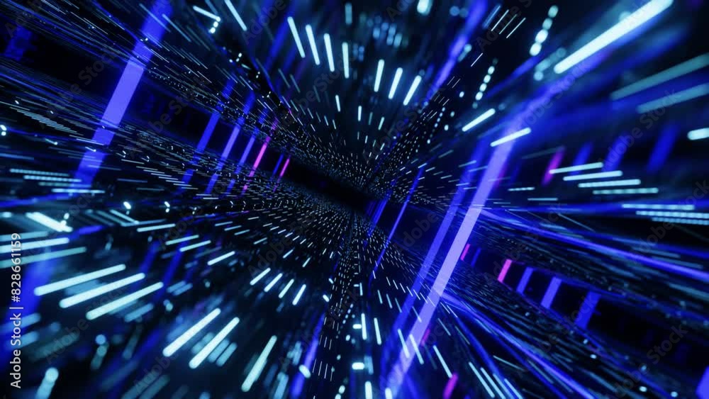 Fly through mirror designs form tunnel technology cyberspace with neon glow. Sci-fi flight through design complexity. Neon light. 3d looped seamless 4k bright background.