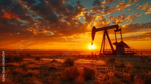 Sunset over oil pump jack. An oil pump jack silhouetted against a dramatic sunset sky with radiant colors of orange and blue