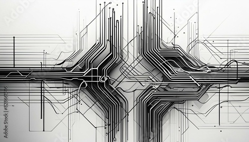A single line of distorted black processor circuitry glitches on a pristine white background, forming an abstract pattern.