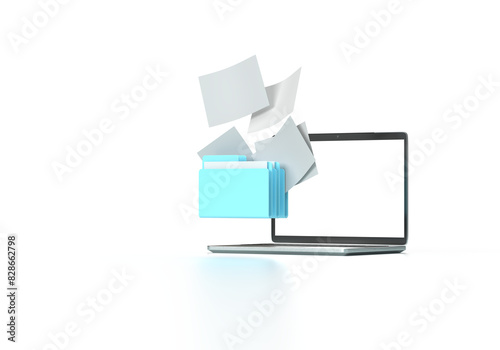 A folder with flying papers, files and a laptop. 3d rendering on the topic of computer, office, work, interface, technology, applications, business, data. Modern style. Transparent background.