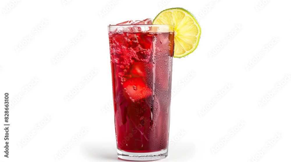 Tall glass of Cranberry juice on ice with lime Sea Breeze isolated on white background Tall glass of Cranberry juice on ice with lime Sea Breeze isolated on white background