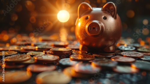 Bronze-colored piggy bank shines amidst a sea of coins illuminated by a warm light, symbolizing wealth and financial growth photo