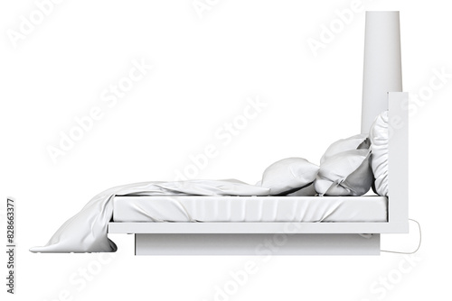 
big comfortable bed isolated on transparent background, home furniture, illustration, 3d rendering