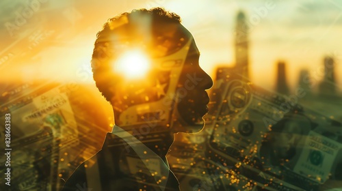 A double exposure of a financial advisor with a spread of dollar bills, representing wealth management.