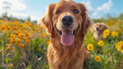 A golden retriever's nose and tongue in sharp focus with its face purposefully blurred in a field of yellow flowers