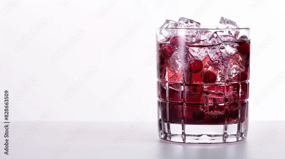 Tasty cranberry cocktail with ice cubes on white background
