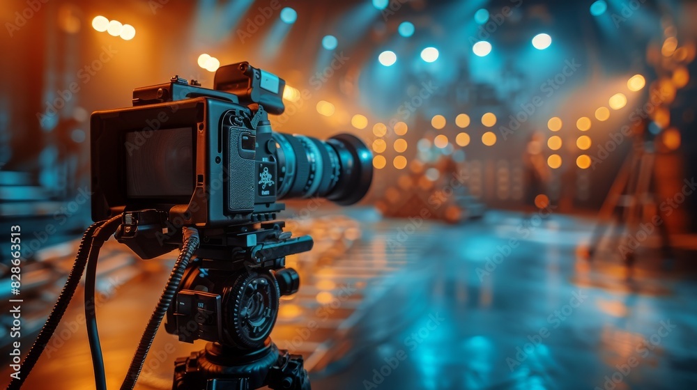 The image features a sophisticated camera with a large lens on a set displaying a futuristic cinematic stage with blue tones