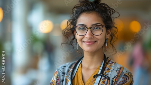 empowered women in medicine, image of a cheerful indian female doctor holding a stethoscope, symbolizing resilience, knowledge, and dedication to her society photo
