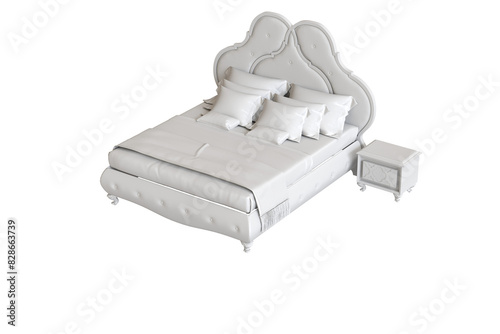 
big comfortable bed isolated on transparent background, home furniture, illustration, 3d rendering
