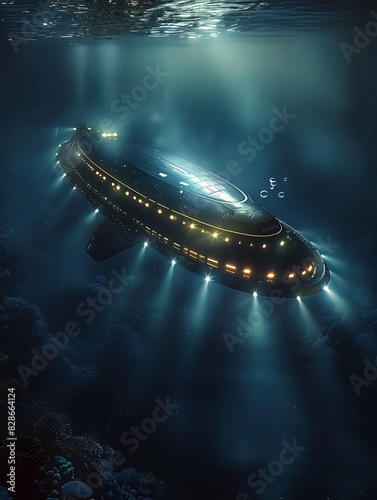 UFO and extraterrestrial ship swimming in bottom of the ocean. Alien spacecraft flying underwater.Sci-fi and fantasy concept. Generative AI