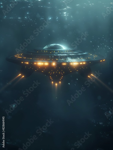 UFO and extraterrestrial ship swimming in bottom of the ocean. Alien spacecraft flying underwater.Sci-fi and fantasy concept. Generative AI
