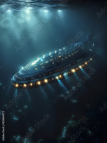 UFO and extraterrestrial ship swimming in bottom of the ocean. Alien spacecraft flying underwater.Sci-fi and fantasy concept. Generative AI