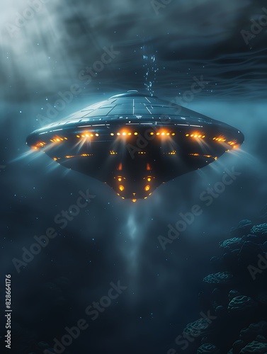 UFO and extraterrestrial ship swimming in bottom of the ocean. Alien spacecraft flying underwater.Sci-fi and fantasy concept. Generative AI