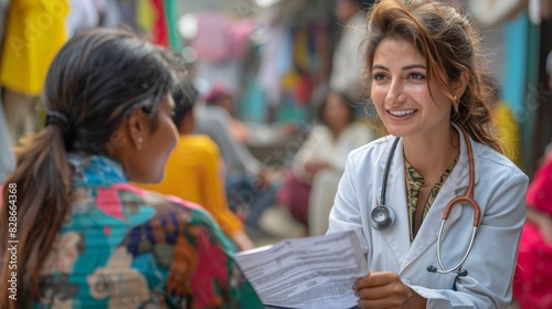 community health fair, at a community health fair, a passionate indian female doctor provides free medical check-ups for underprivileged women, promoting preventive care and wellness outdoors