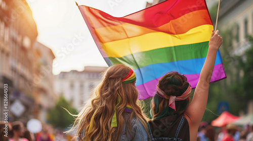 Lady holding rainbow color flag, symbol of LGBT pride month celebrate annual in June social of gay, lesbian, bisexual, transgender, human rights.