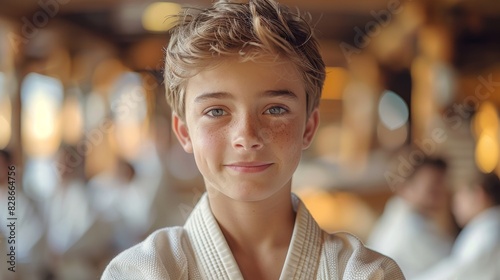 Confident karate student smiles in his gi with a dojo in the background photo