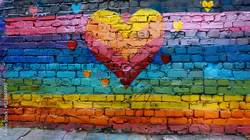A heart painted in rainbow colors on a brick wall, symbolizing love, diversity, and the spirit of Pride Month.