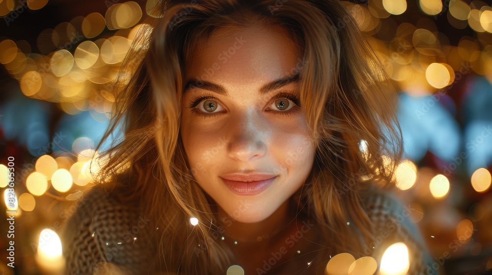 Close-up of a woman with an enchanting gaze surrounded by twinkling holiday lights