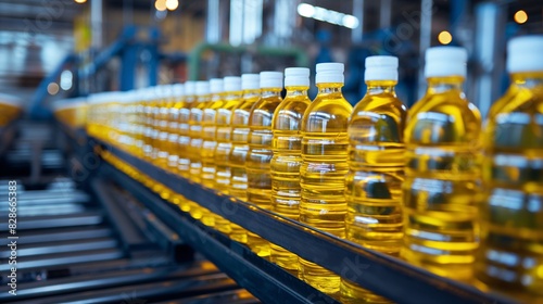 Factory producing white bottled soybean oil on a conveyor belt