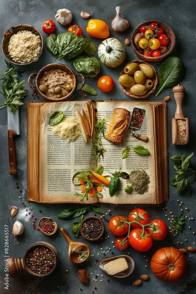 Open recipe book with food related icons food above Open recipe book with food related icons food above