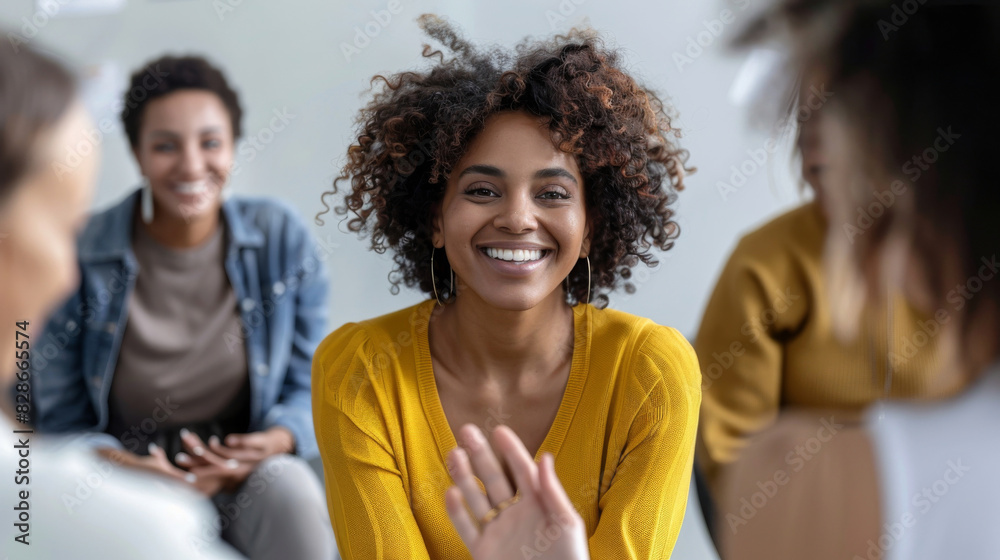 Vibrant woman beams while engaging in a lively discussion with friends Vibrant woman beams while engaging in a lively discussion with friends