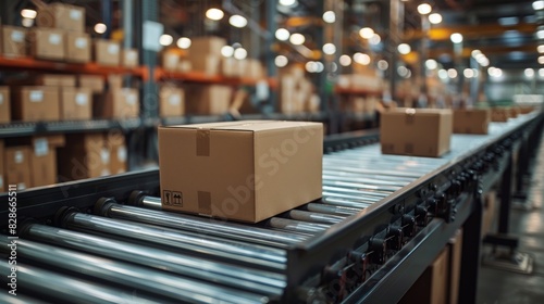 A solitary cardboard box on a conveyor belt in a large warehouse
