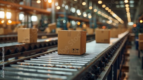 Front view of a cardboard box on rollers inside a modern, blurred background distribution center