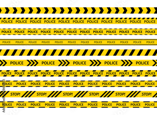 Police yellow tapes. Striped security ribbons for crime places. Seamless barrier borders. Set warning tapes lines for restriction of criminal accident zones on white background. Vector illustration.