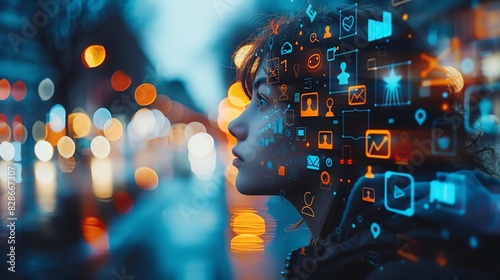 A double exposure of a marketer with social media icons, representing digital marketing strategies.