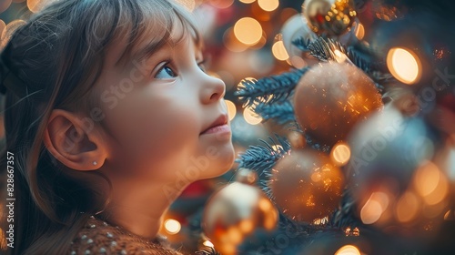A young girl observed from the back looks at a beautifully decorated Christmas tree with sparkling lights photo