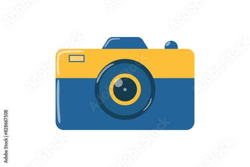 A yellow and blue photo camera for taking photos. Travel camera. Vector flat illustration on white background
