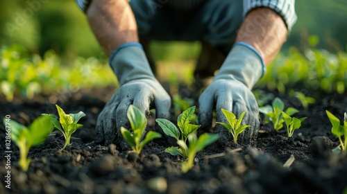A close-up image of a farmer's hands planting young green seedlings into the fertile earth