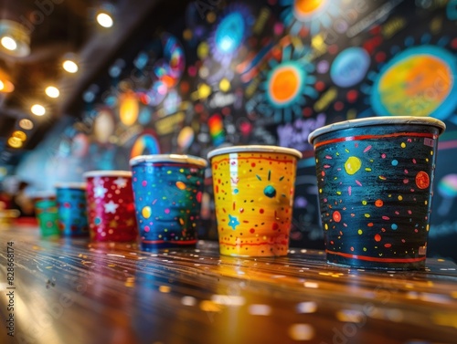 Array of colorful cups arranged neatly on a wooden table