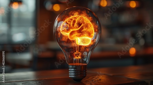 An enlightening concept of a brain as glowing elements in a bulb against a blurred café backdrop photo