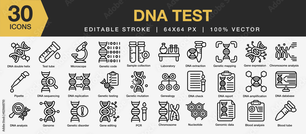 Set of 30 DNA test icon sets. Includes Test tube, Microscope, Genetic ...