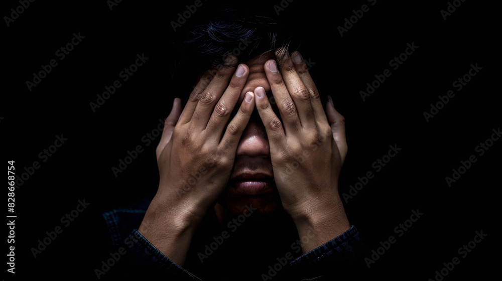 Distressed man covering his face up close with a dark background Distressed man covering his face up close with a dark background