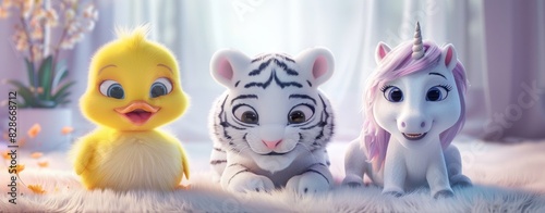 Cute fluffy baby animals smiling, a yellow duckling, a white tiger and a pink unicorn against a white background
