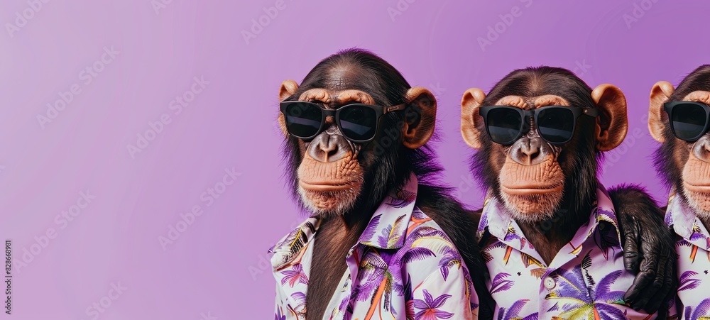 three monkeys in black sunglasses on a purple background. Hawaiian shirts. place for text. three monkeys in black sunglasses on a purple background. Hawaiian shirts. place for text.